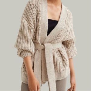Light beige chunky knit cardigan sweater with tie belt in size large